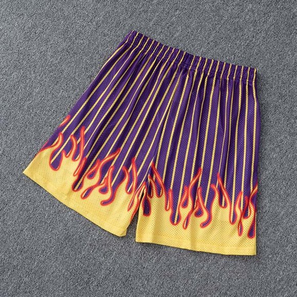 Eric Emanuel EE logo Yellow Flame Print Casual Purple Sports Shorts - Picture 4 of 12